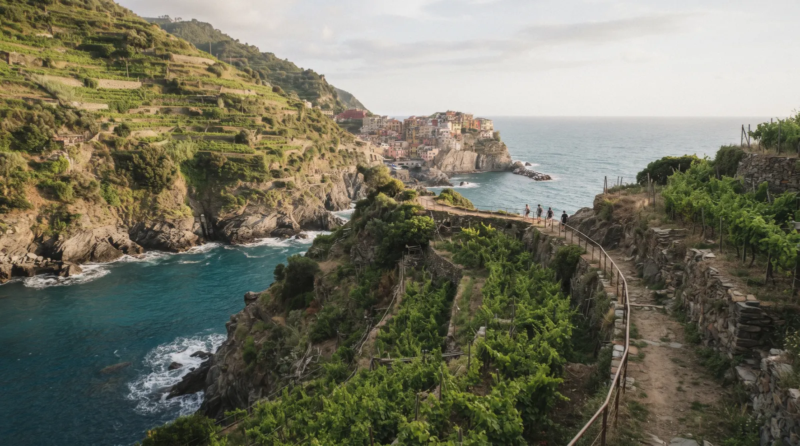 The coastal trail above Manarola in soft late afternoon light, Cinque Terre, Italy