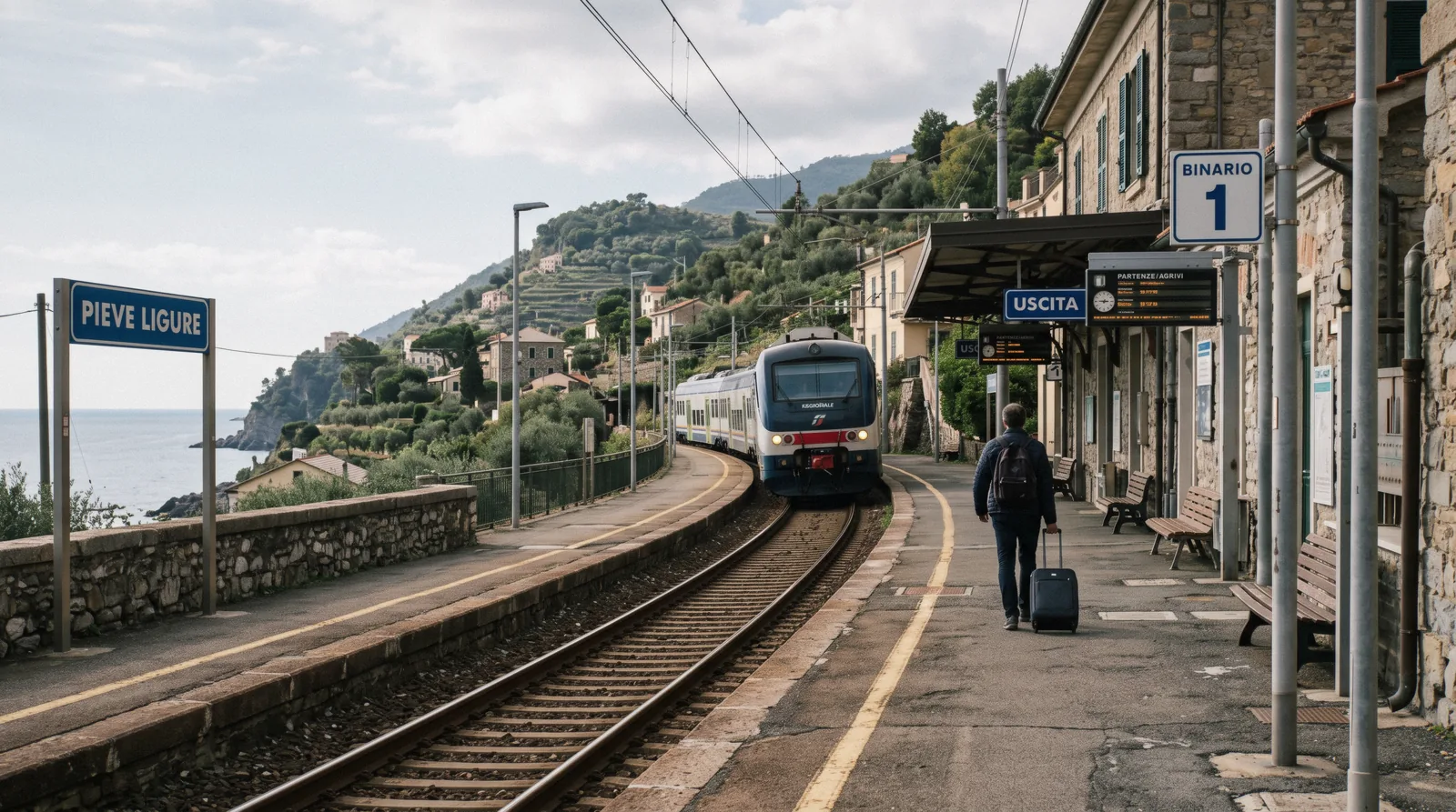 Railway tracks along the coast of Liguria, Italy, with a Cinque Terre village in view