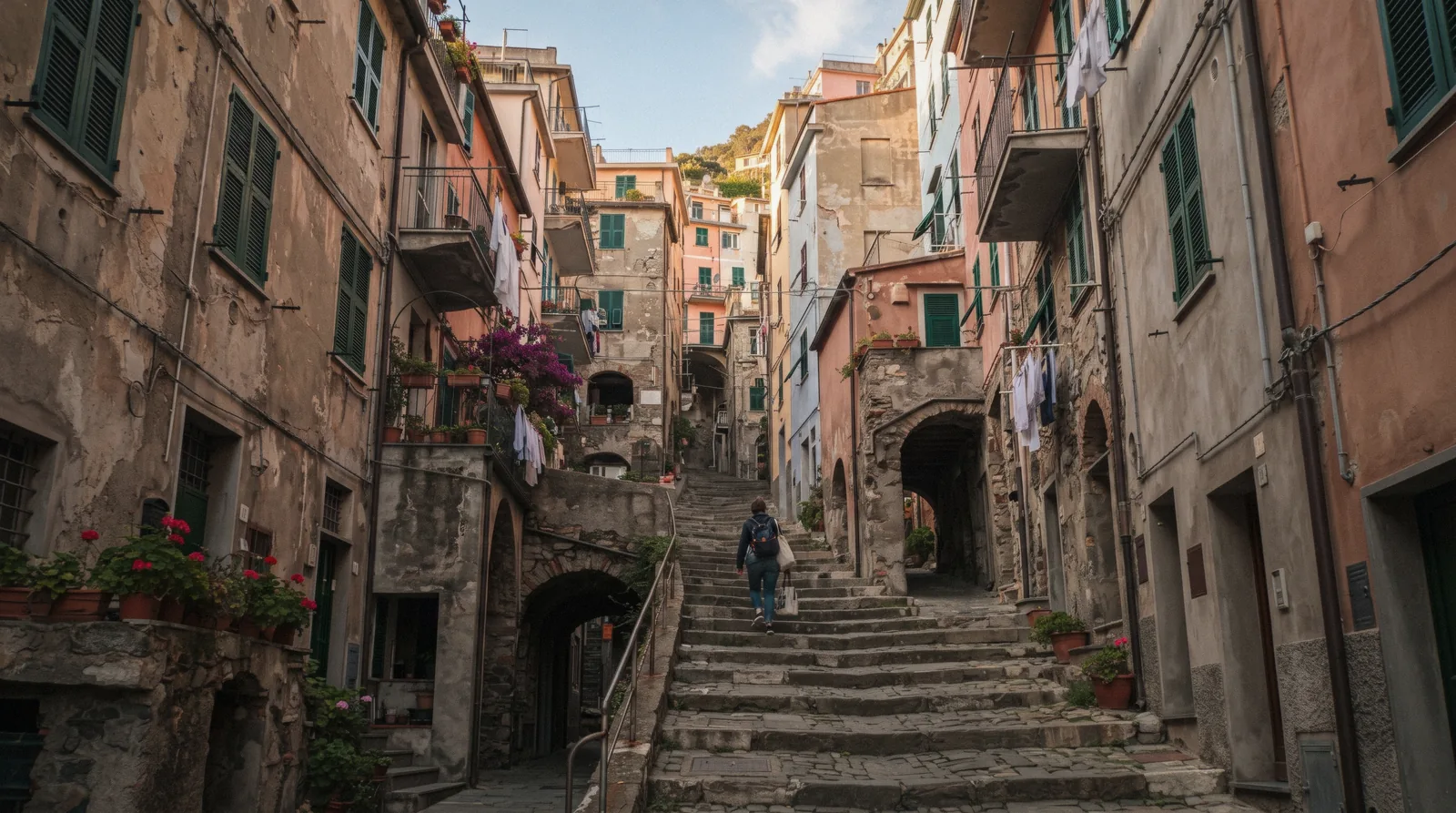 Colourful apartment balconies above a narrow car-free lane in a Cinque Terre village