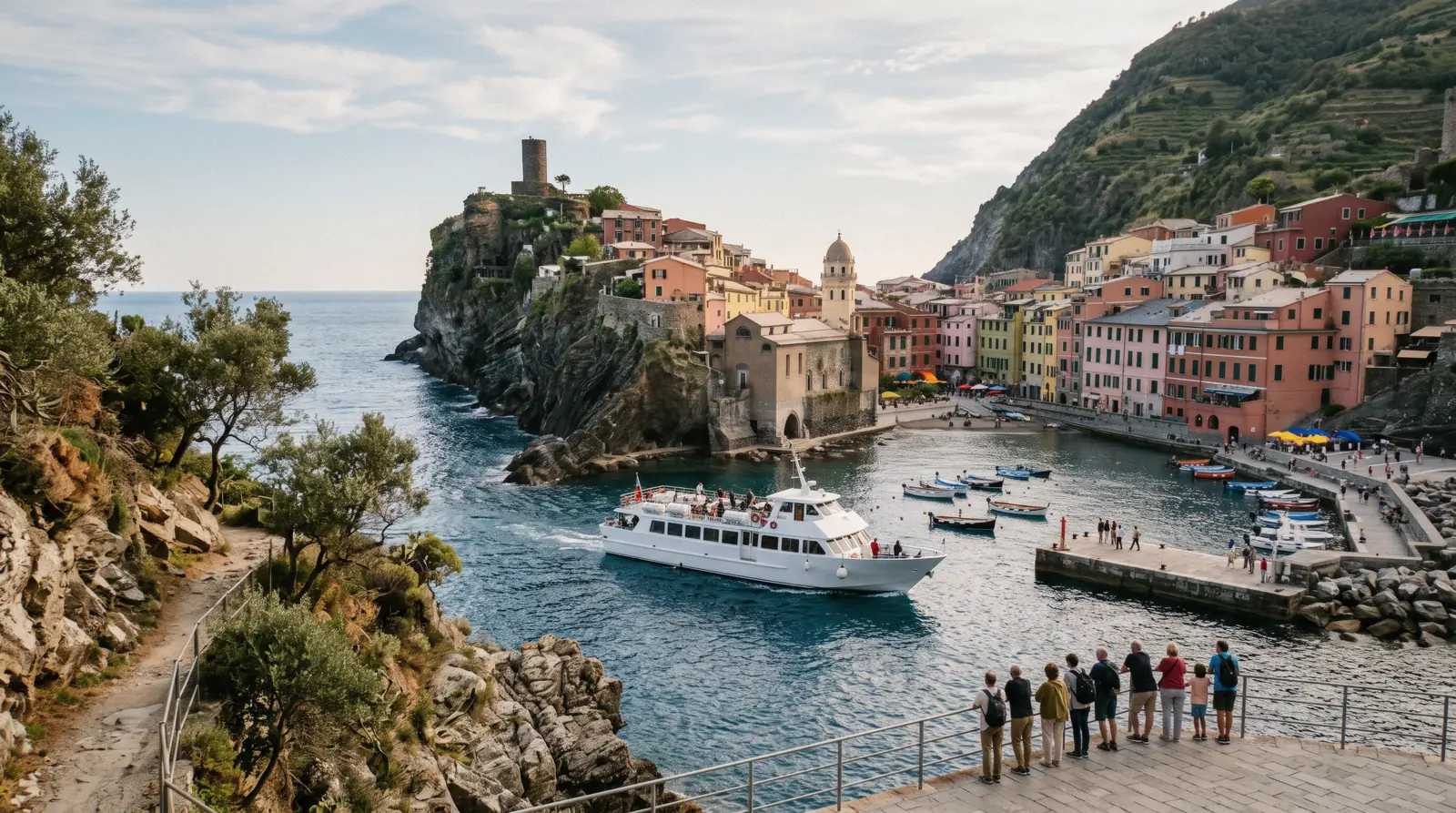 Cinque terre ferry approaching the harbour of a Cinque Terre village in Liguria, Italy