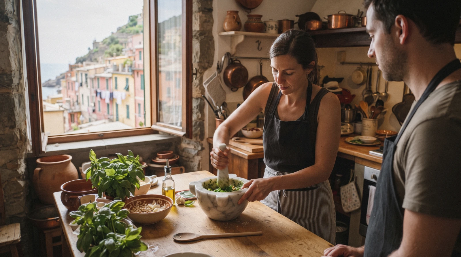 Basil, mortar and pestle on a table during a Cinque Terre cooking class