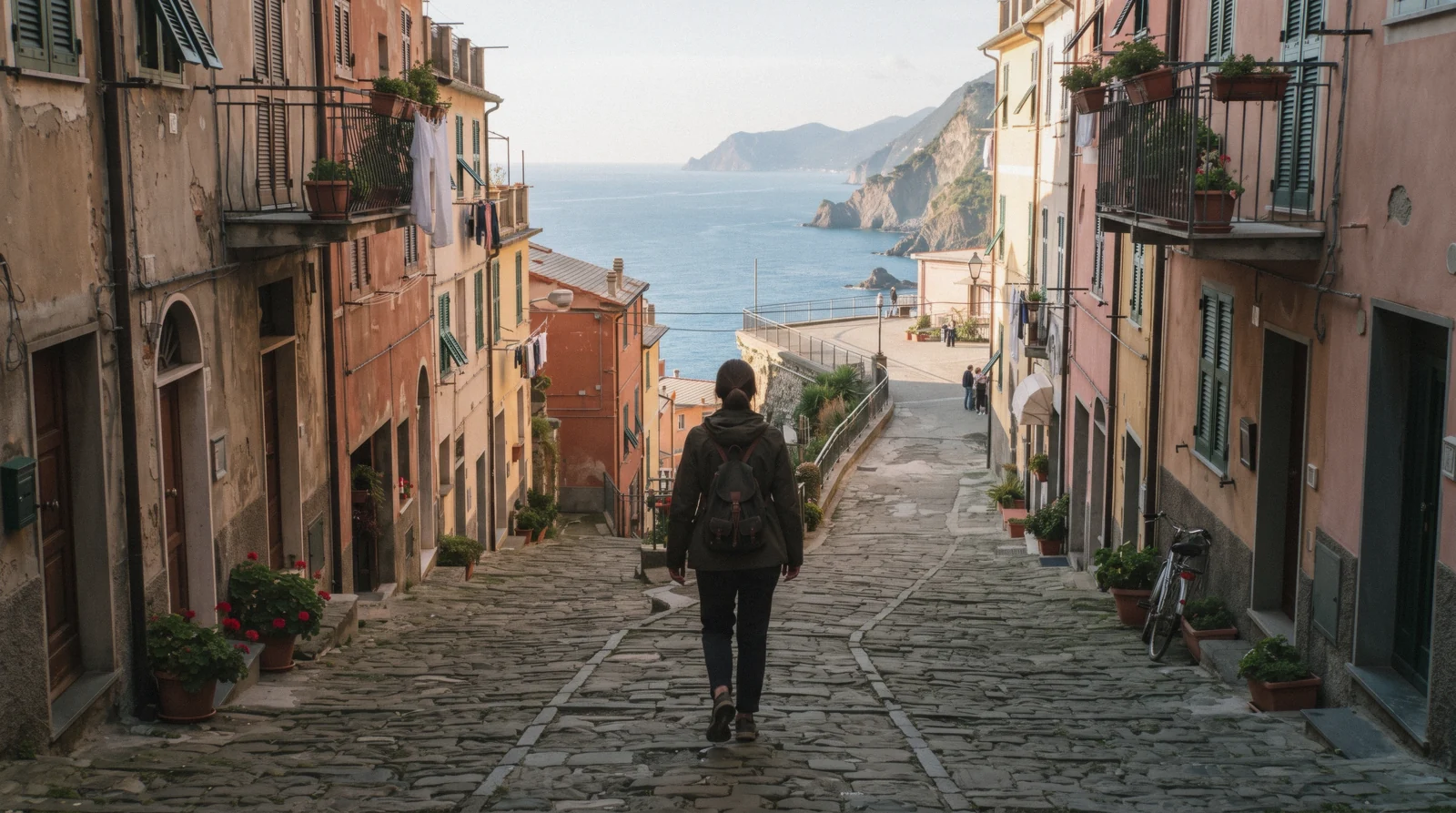 Coastal train pulling into a Cinque Terre village station on a clear morning, Italy