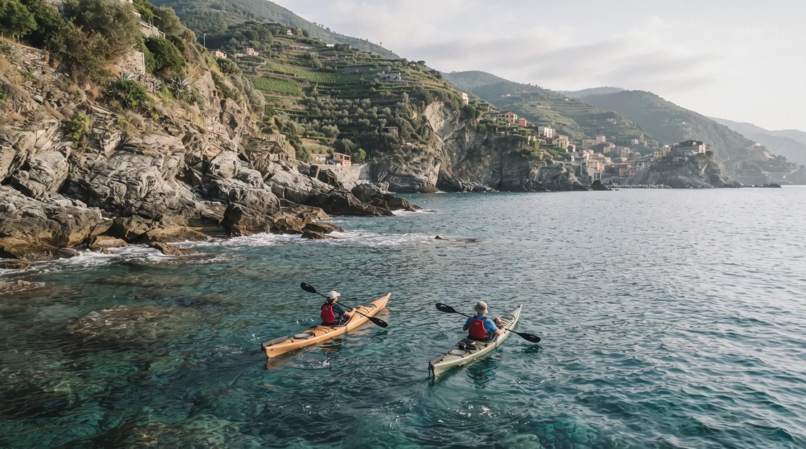 Sea kayakers on a cinque terre kayak trip along the coast of Cinque Terre, Italy