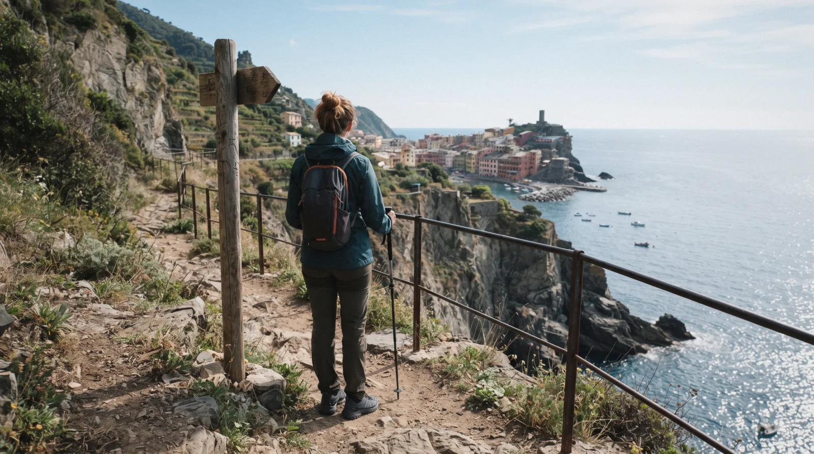 A hiker in grip-soled shoes on the exposed coastal trail above Vernazza, a safety consideration in the Cinque Terre, Italy