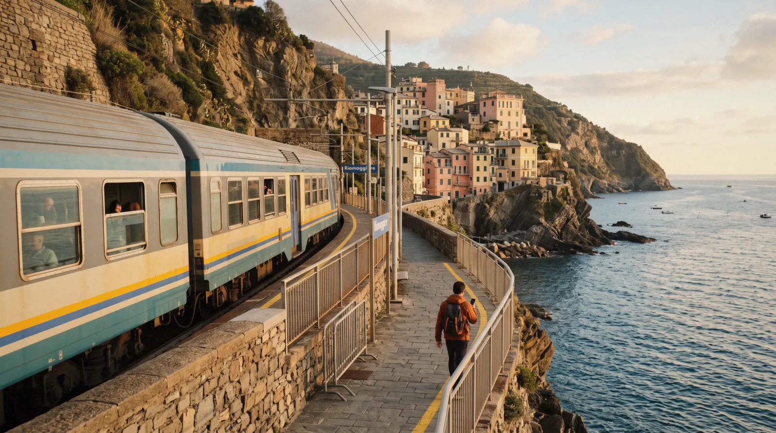 A regional train pulling into a cliffside Cinque Terre train station above the sea