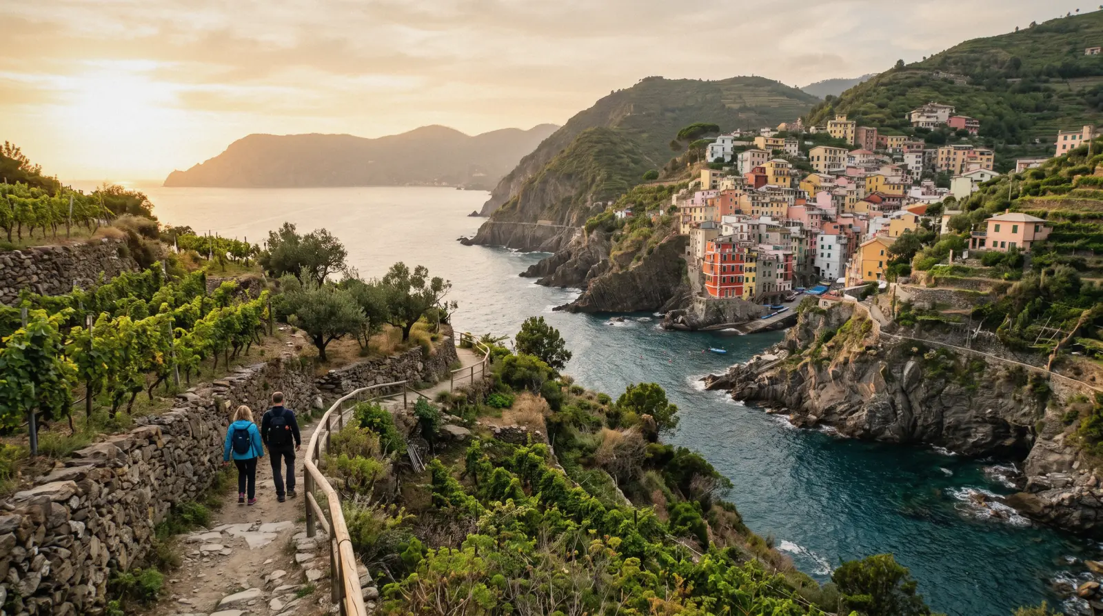 A high coastal footpath above the five Cinque Terre towns, terraced vineyards dropping to the Ligurian Sea, Italy