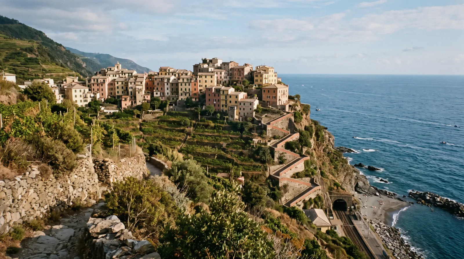 Corniglia, Cinque Terre, the village on its cliff-top promontory above the sea