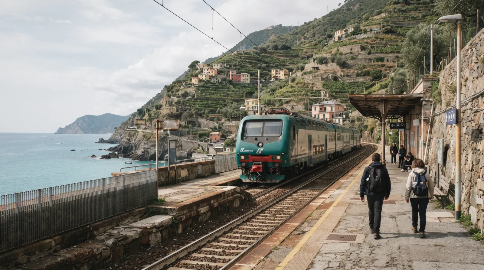 A regional train crossing the coastal hillside above the villages of the Cinque Terre