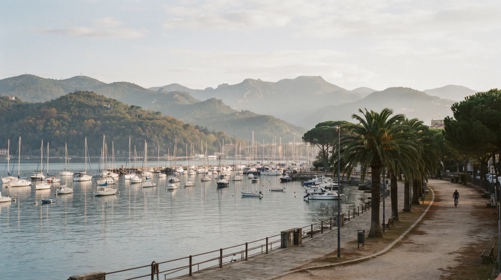 The harbour and seafront of La Spezia, Italy, with boats at anchor in the Gulf of Poets near the Cinque Terre