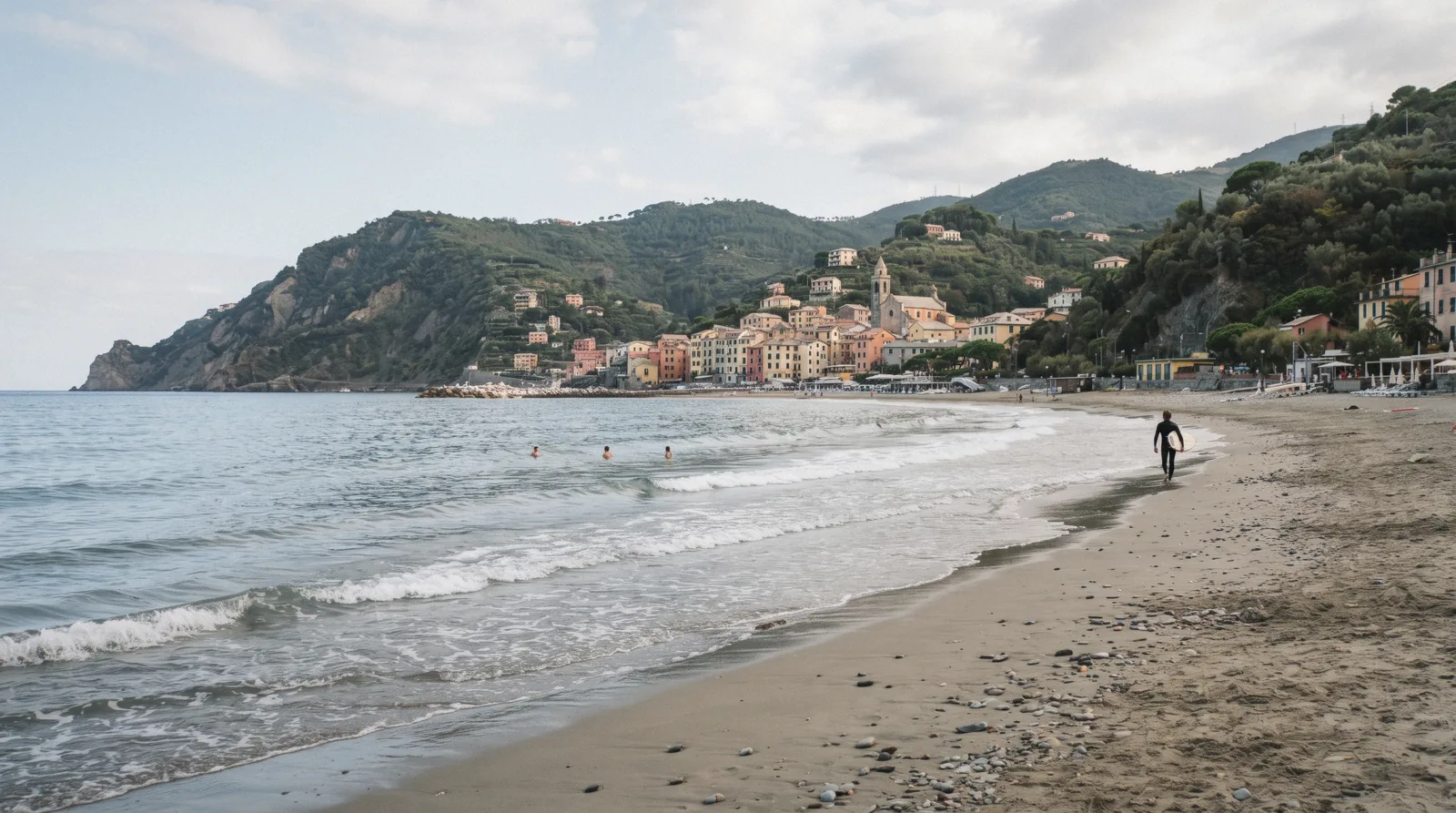 The sandy town beach and old town of Levanto, Italy, on the coast just north of the Cinque Terre
