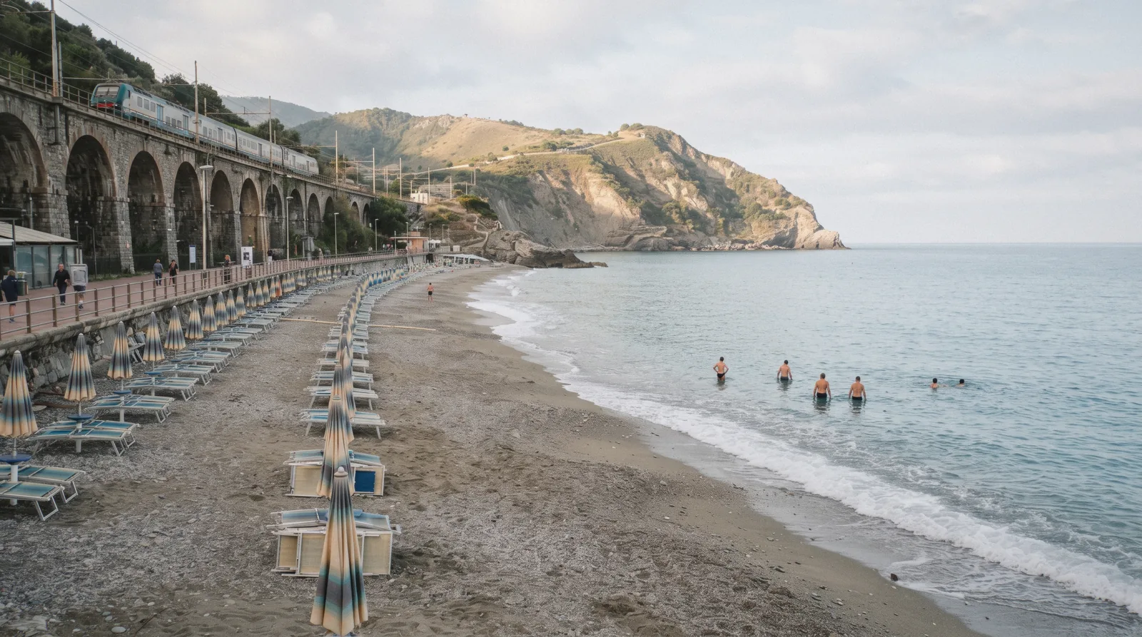 Monterosso al Mare, Cinque Terre, the old town and the Fegina beach seen from the coastal path