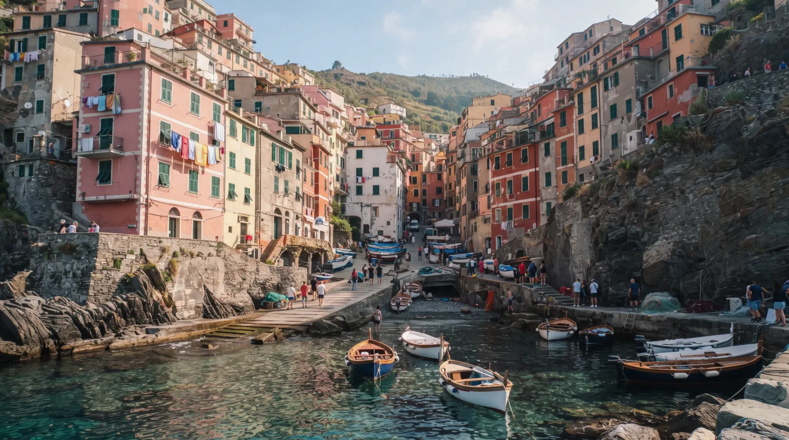 Riomaggiore, Cinque Terre, the tower houses and harbour seen from the sea
