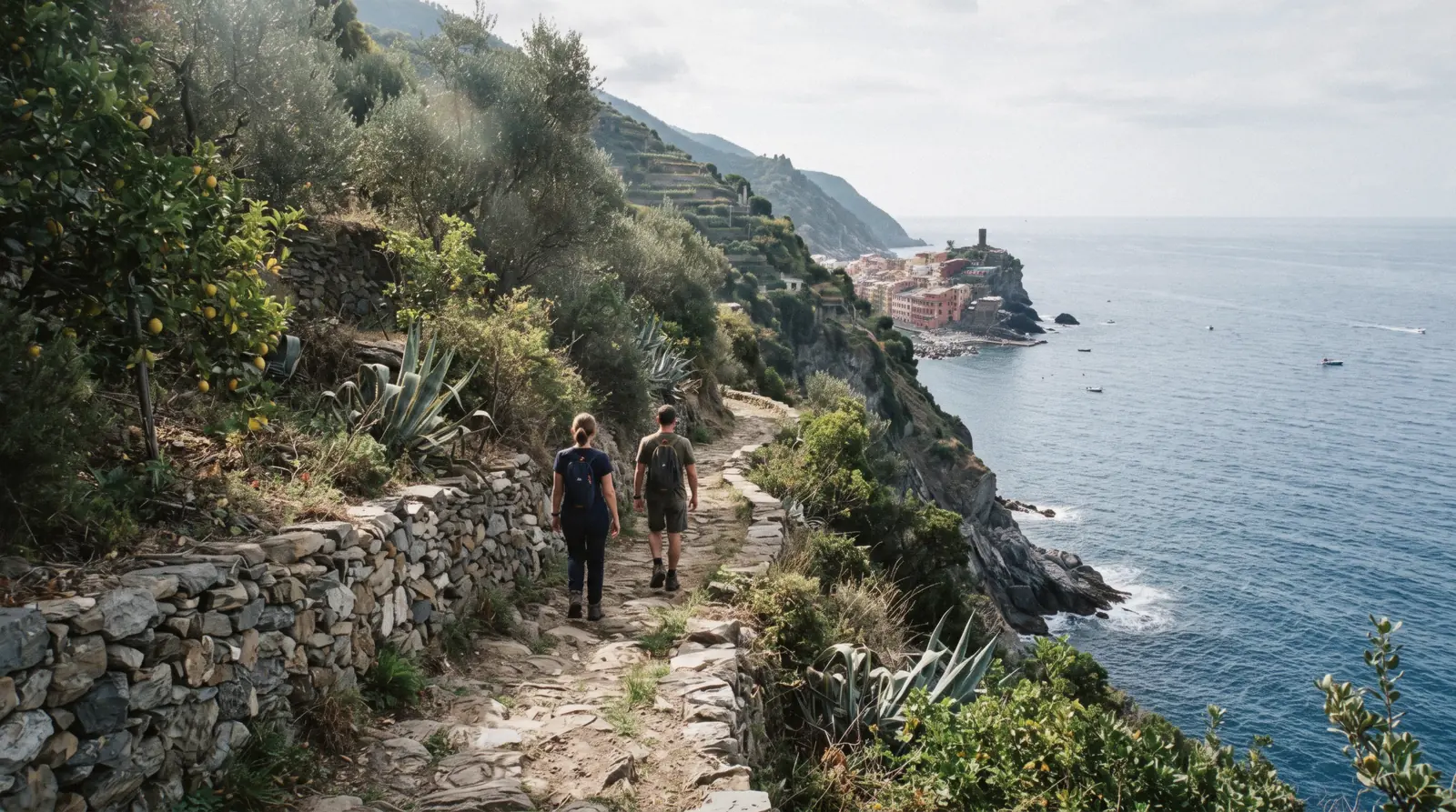 The coastal path of the Sentiero Azzurro climbing above the sea between the villages of the Cinque Terre