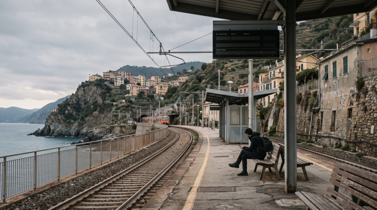 Railway platform above the sea at a village on the Cinque Terre line in Italy