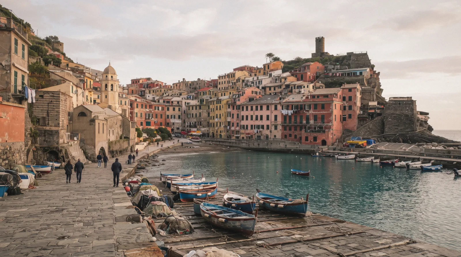 Vernazza's harbour and seafront on a clear day, with the village rebuilt and boats back in the water