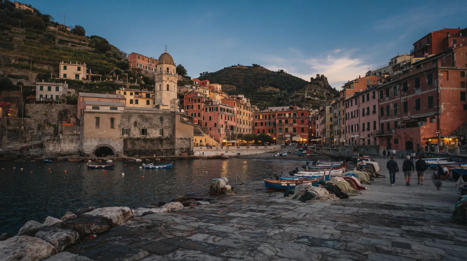 Vernazza, Cinque Terre, the harbour and the Doria castle tower seen from the coastal path