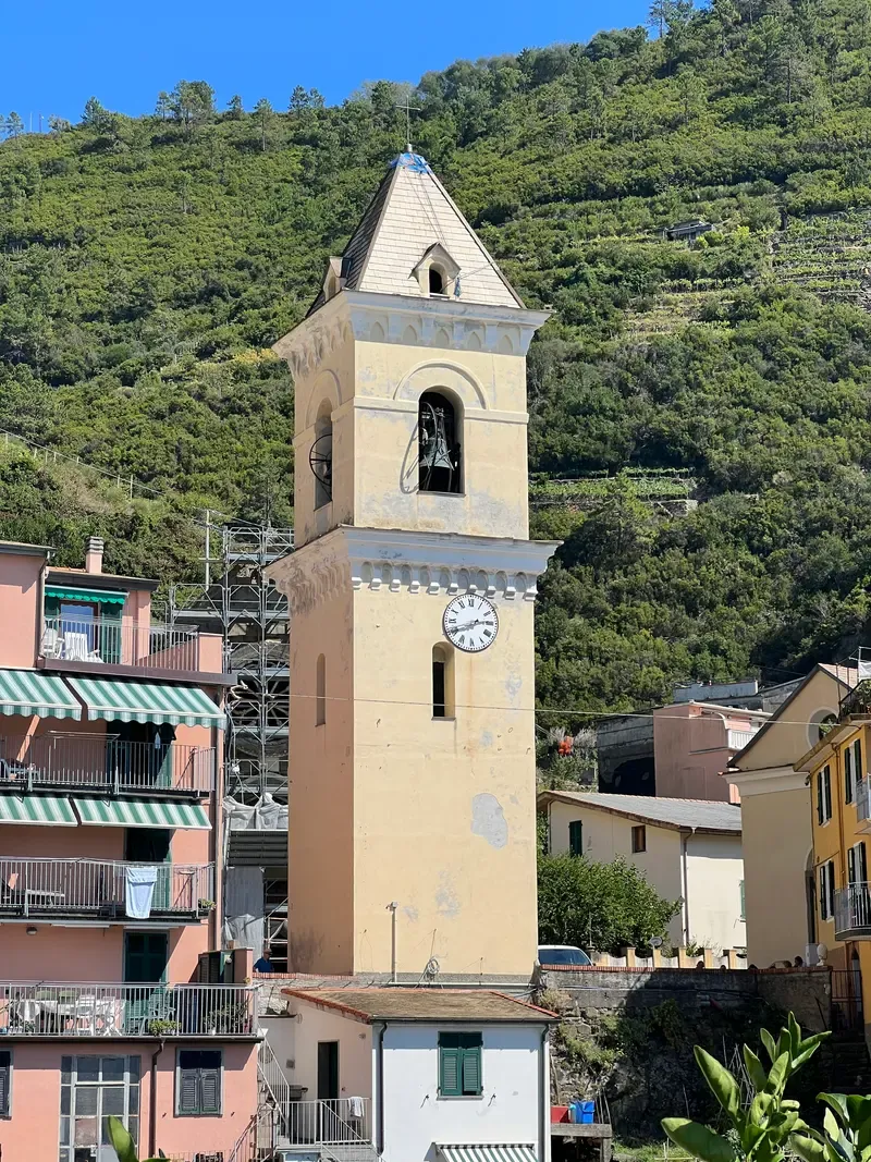 Bell tower of San Lorenzo church rising above Manarola's houses and terraced vineyards, Cinque Terre, Italy