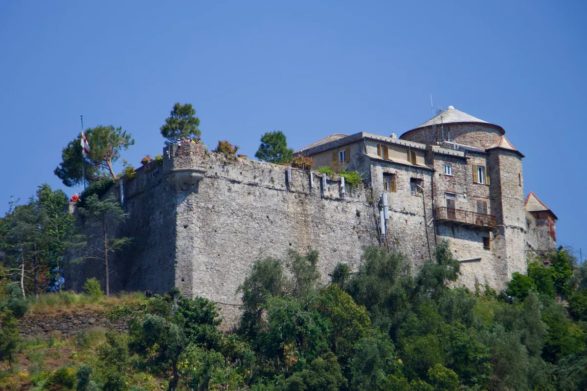 Castello Brown above the harbour of Portofino, Italy, the 16th-century castle linked to the novel The Enchanted April